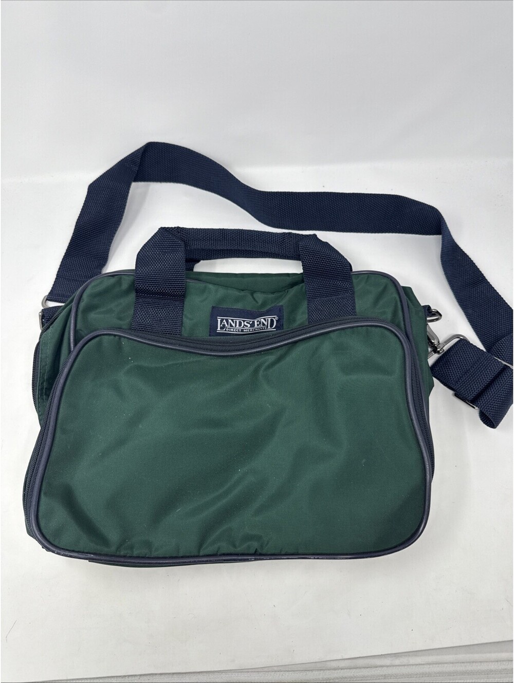 Vintage Lands End Messenger Bag Green Navy Nylon Travel Carry On Shoulder Bag